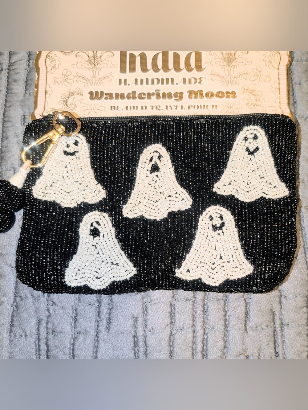 Handmade Beaded Black Ghost Travel Pouch Wandering Moon Halloween Clutch
